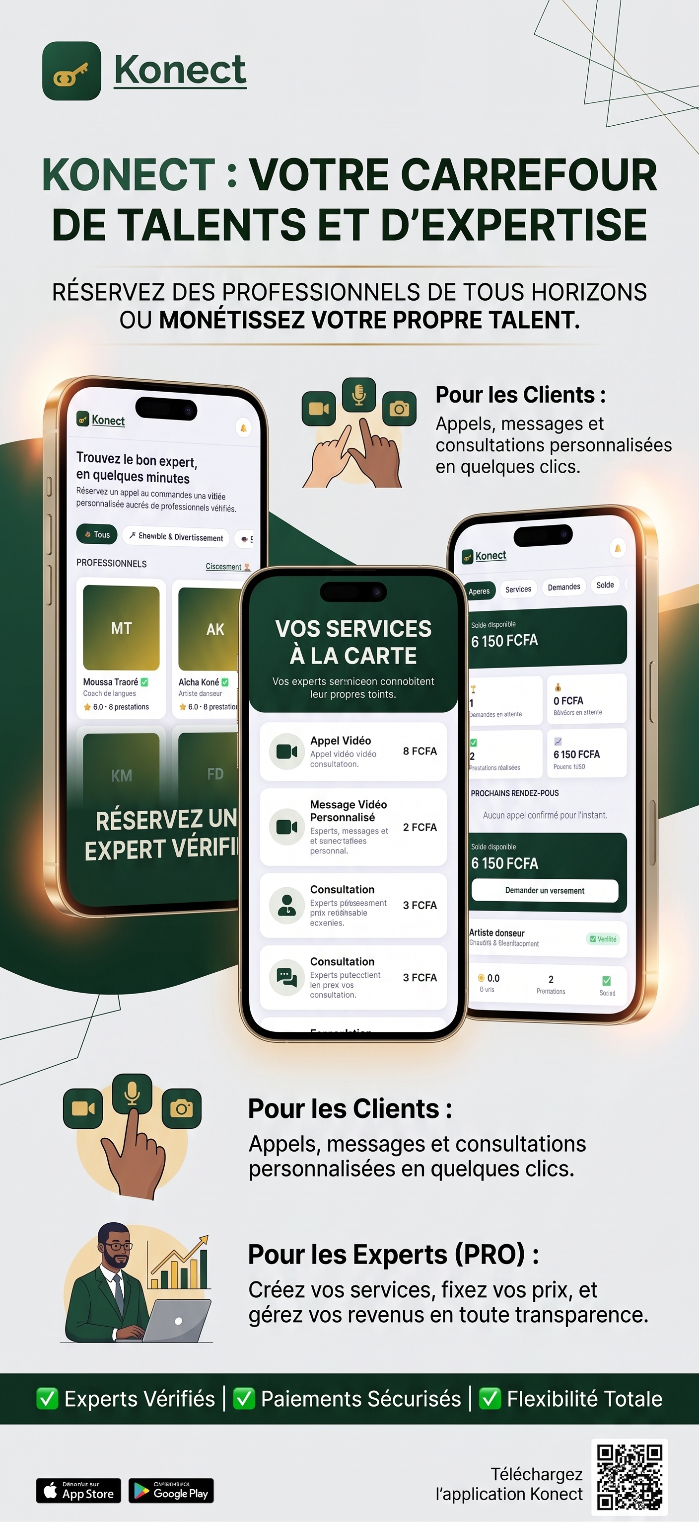 Trois téléphones montrant la recherche d’experts et l’espace pro Konect