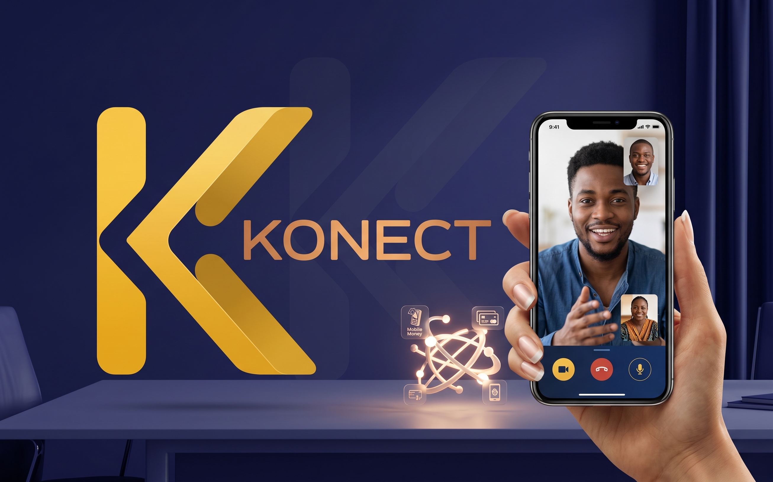 Appel vidéo Konect tenu dans une main, avec le logo or