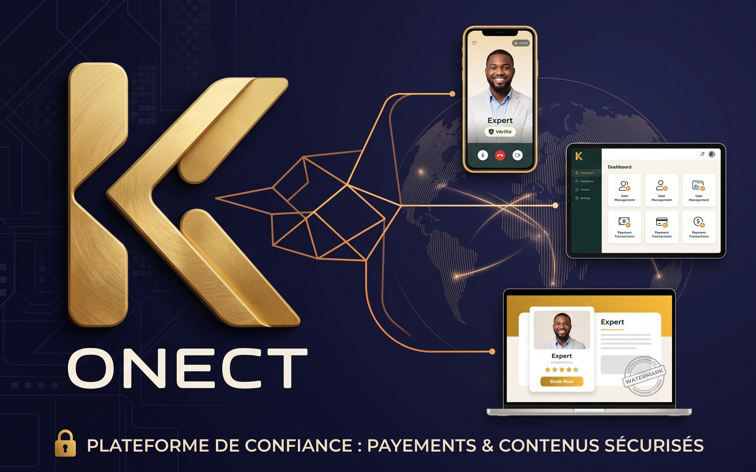 Téléphone, tablette et ordinateur reliés au logo Konect
