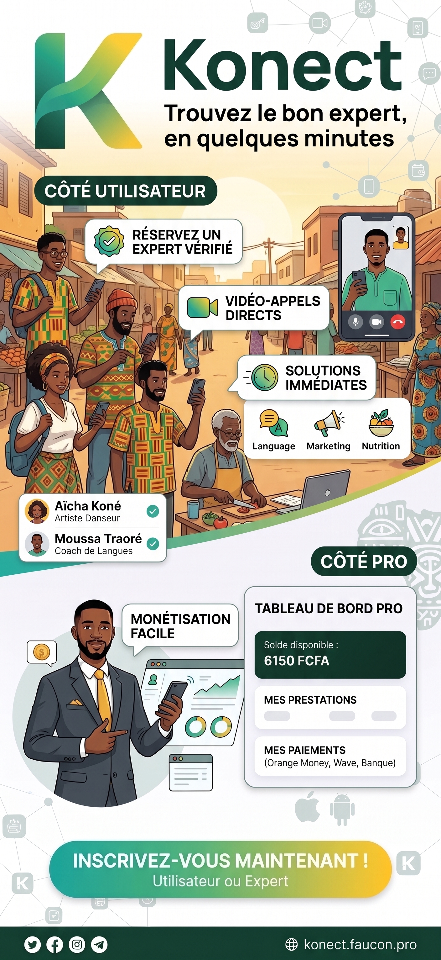 Illustration : réserver un expert vérifié depuis un marché, tableau de bord pro