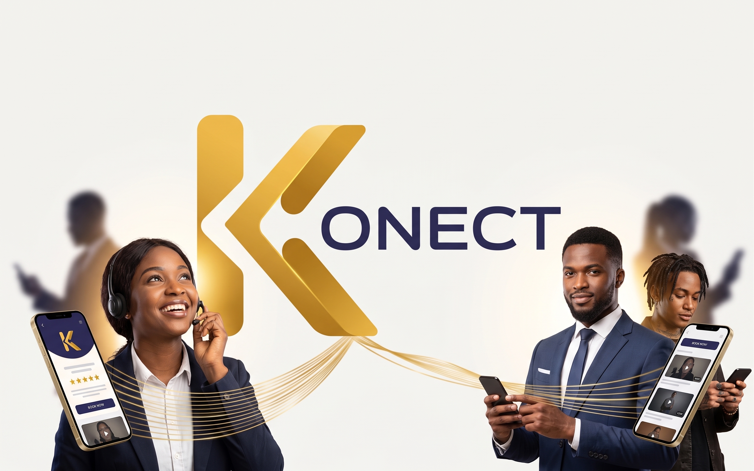 Des personnes reliées par le K or de Konect, téléphones en main