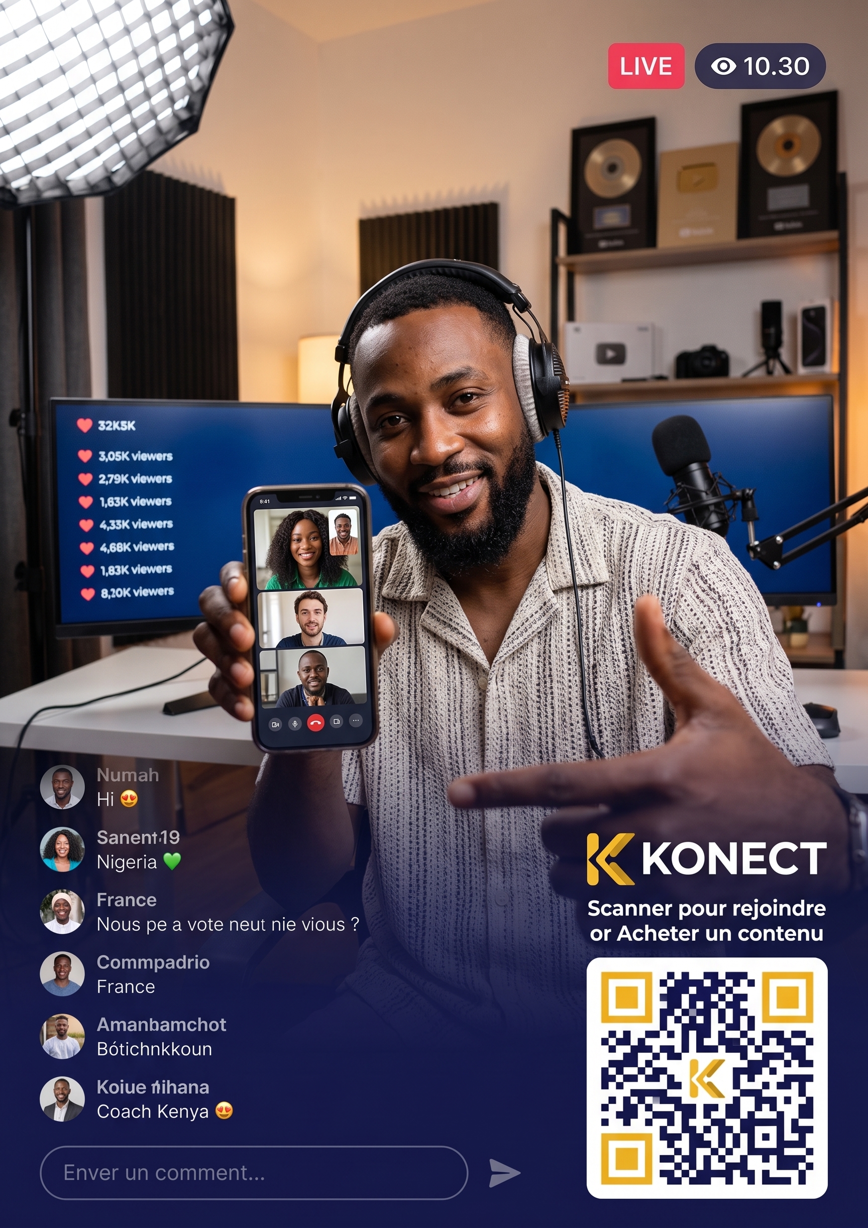 Créateur en live qui invite à rejoindre Konect et à scanner pour réserver