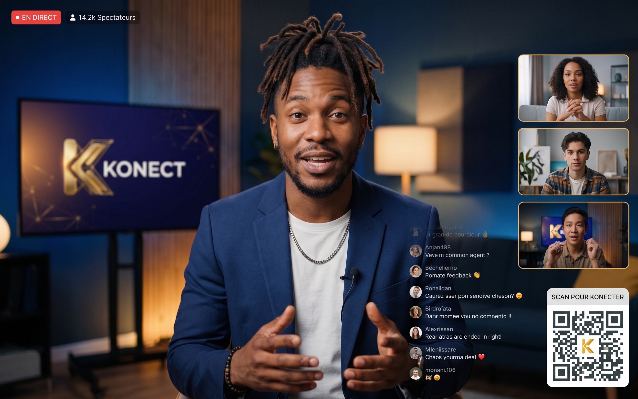 Animateur Konect en direct, entouré d’invités en appel vidéo