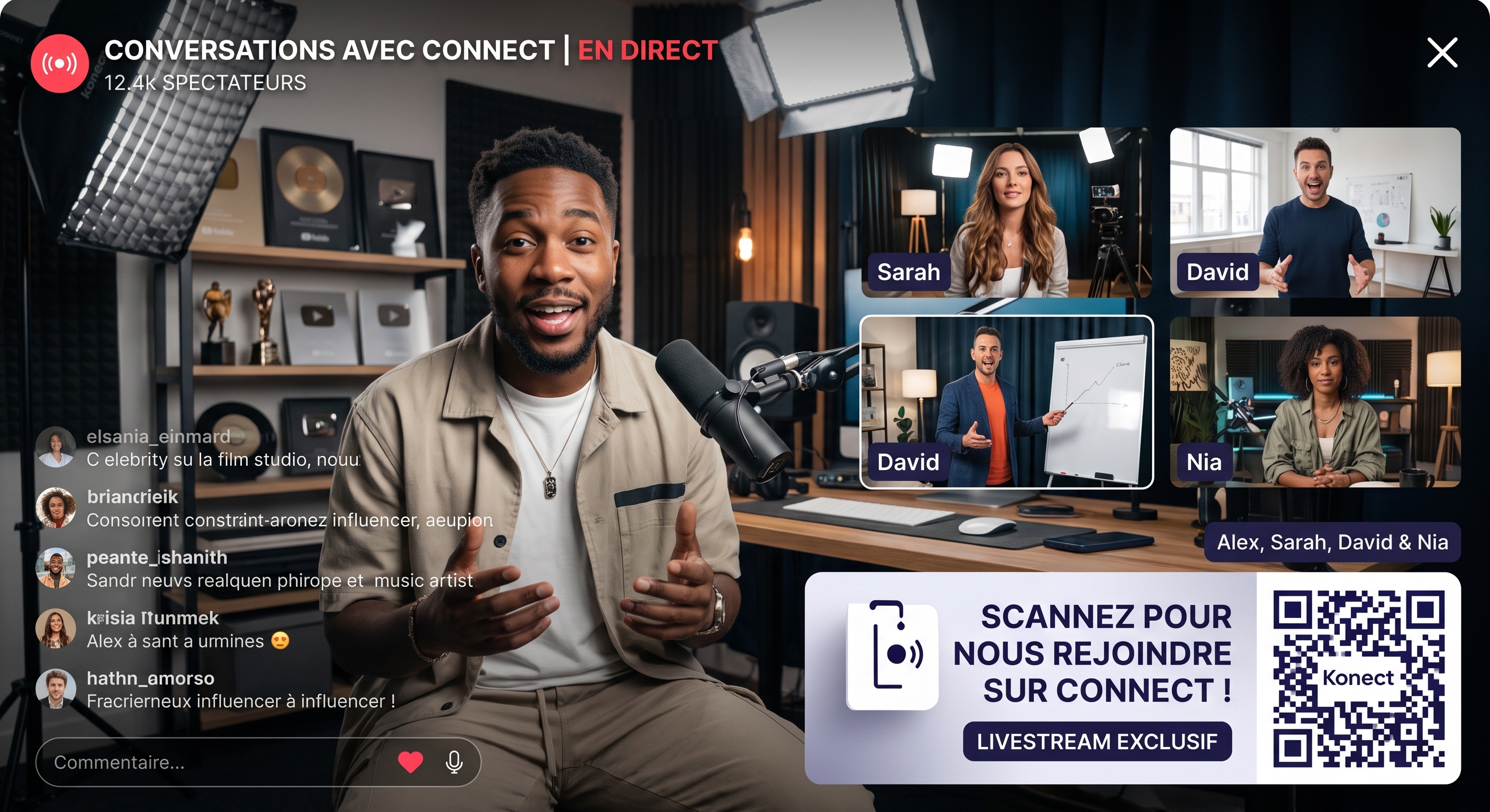 Plateau de conversations en direct sur Konect, invités en vidéo