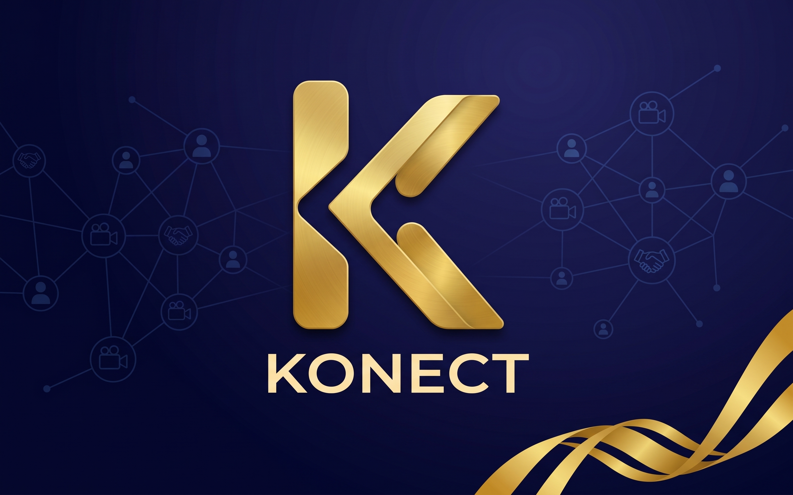 Logo Konect en or sur fond bleu, le K qui relie