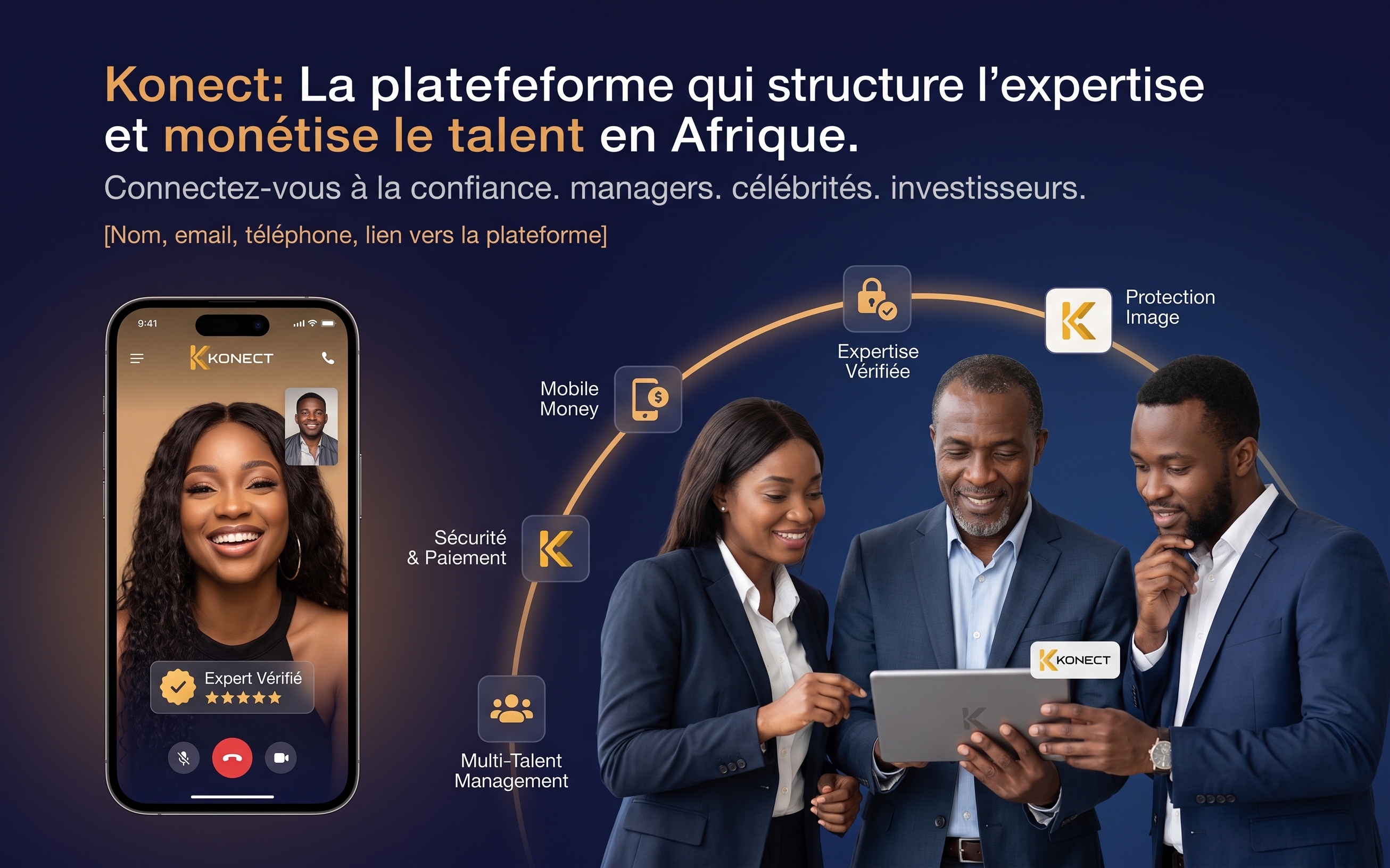 Équipe autour de Konect, appel vérifié et paiement mobile